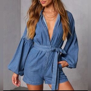 Vici Denim Balloon Sleeve Romper